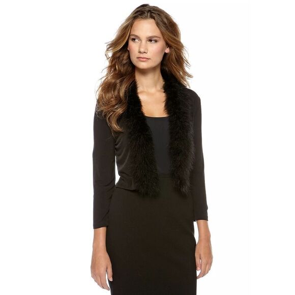 New! NEW DIRECTIONS Feather Trim Open-Front Cardigan Shrug Topper Black S - Picture 1 of 2